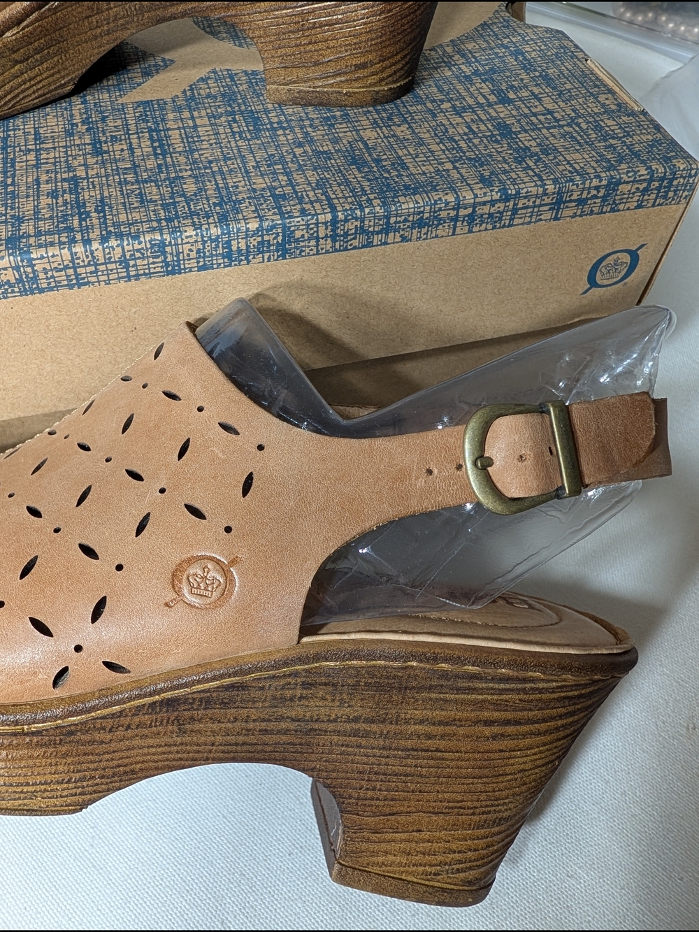 BORN Tan Leather Perforated Wedge Sandals - Picture 5 of 12